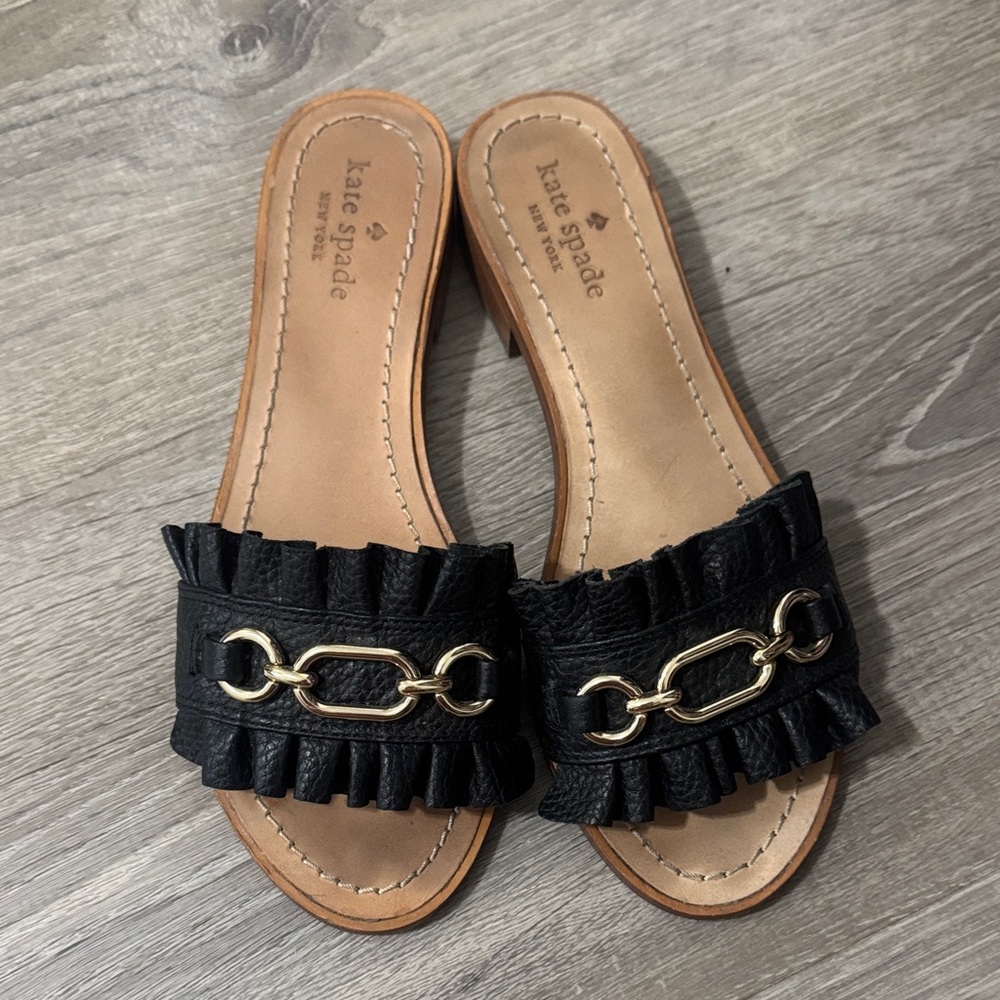 Kate Spade Black Leather Mules with Gold Accent